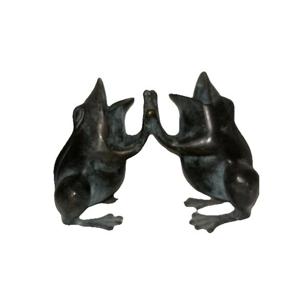 Vintage patina green Verdigris Metal Toad Frog Statue Double Vase Nice - Picture 1 of 7